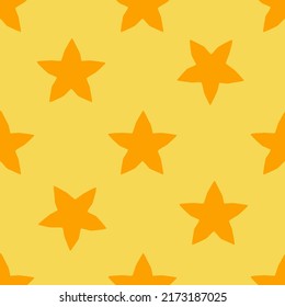 Patrón sin foco de fruta de estrella amarilla, en estilo de diseño plano. Frutas de la estrella de caricatura dibujadas a mano sobre fondo amarillo, simple diseño tropical. Ilustración de verano.