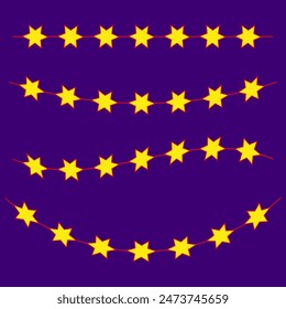 Yellow star garlands. Red string. Purple background. Festive vector design.