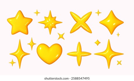 Yellow star and heart icon 3D cartoon style, isolated on a white background. Vector illustration of a plastic, volumetric star.