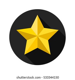 Yellow star icon in flat design. Star with long shadow in the black circle. Vector illustration.