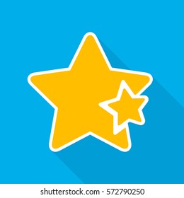 Yellow star icon in flat design. Star on blue background with long shadow. Vector illustration.