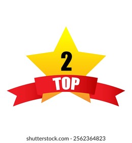 Yellow star icon. Number two and 2 badge. Bright red ribbon. Vector symbol.