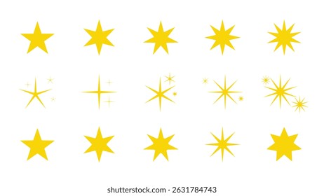 Conjunto de iconos de estrella amarilla con Formas brillantes y centelleantes en estilo de Vector plano sobre fondo blanco

