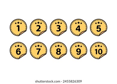 Yellow star number 1 to 10 round label sticker set. Achievement, reward, success concept. Flat vector design isolated illustration on white background.