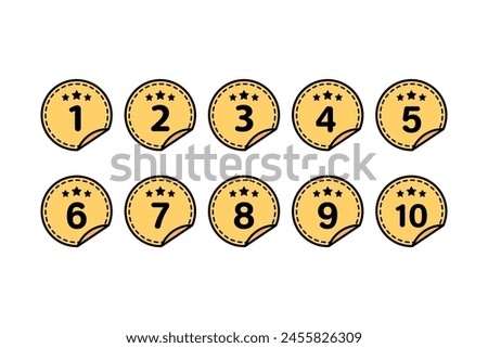 Yellow star number 1 to 10 round label sticker set. Achievement, reward, success concept. Flat vector design isolated illustration on white background.