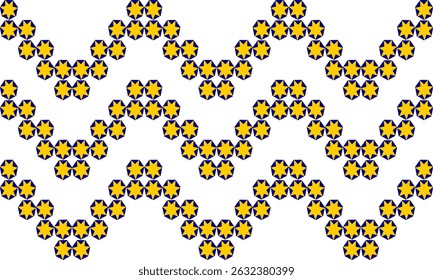 Estrela amarela no padrão de hexágonos azuis, Abstrato Padrão geométrico sem emenda com fundo amarelo estrelas azuis, onda w, repita o design do padrão da estrela para impressão de tecido, padrão da estrela
