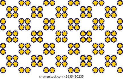 Yellow star on blue hexagons pattern, Abstract Seamless geometric pattern with yellow blue stars background, checkerboard chessboard, repeat star pattern design for fabric printing, star patter, block