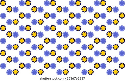 Yellow star on blue hexagons pattern, Abstract Seamless geometric pattern with yellow blue stars background. Diagonal strip repeat star pattern design for fabric printing, star patter