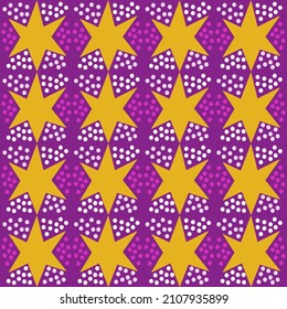 Estrella amarilla con fondo cuadrado de punto de polka morado. Composición geométrica abstracta, impresión. Ilustración vectorial dibujada a mano. Tarjeta o papel tapiz