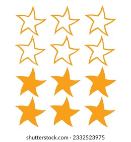 Conjunto de imágenes en forma de estrella amarilla, conjunto de estrellas de color de agua plana, iconos de estrellas aislados, dibujos animados decorativos en forma de estrella, forma de estrella de esbozo con forma de estrella ahogo
