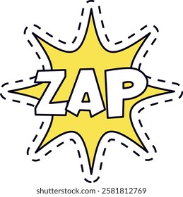 Yellow star shaped comic explosion with the word zap writing inside, expressing surprise or astonishment, with dotted lines all around the star