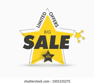 Yellow star sticker with big black text for sale. Banner template for discounts, limited and special offers, price tags.