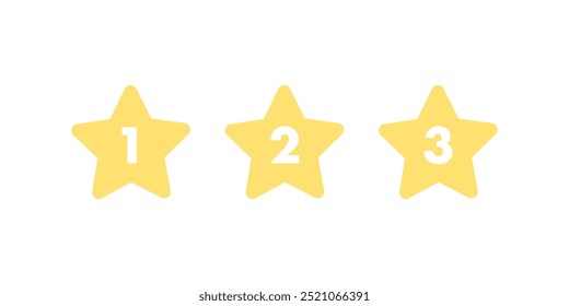Yellow star sticker number set. Rating, success, goal, achievement, reward concepts. Flat decorative vector design illustration isolated on background. 