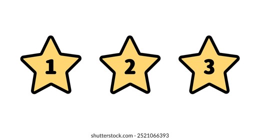 Yellow star sticker number set. Rating, success, goal, achievement, reward concepts. Colored outline decorative vector design illustration isolated on background. 