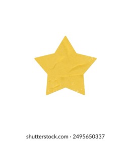 Yellow star sticker with a worn, crinkled paper texture. This vector illustration depicts a five-pointed star with subtle distress marks, evoking a vintage, aged look. Ideal for decoration or design