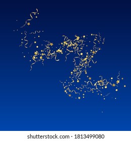 Gelber Stern, wirbelnder, blauer Hintergrund. Festliche Streamer-Einladung. Confetti Falling Illustration. Gold Abstrakte Vorlage.