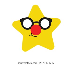 Yellow star wearing black glasses and a red clown nose, isolated on a white background, fun and whimsical design.