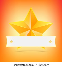Yellow star with white ribbon on colored background. Symbol of victory in competitions or contests, template for your design
