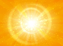 Yellow Starburst Background With Sparkles. Shiny Sun Rays Vector Illustration With Bokeh Lights