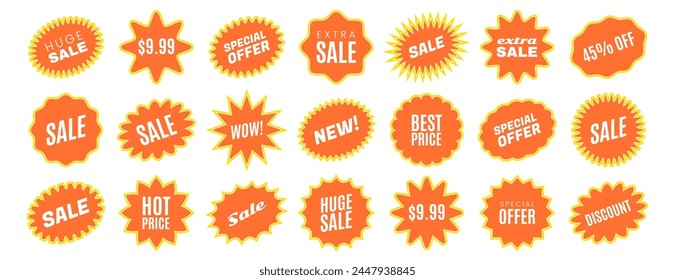 Yellow starbursts and promotional badges set . Orange round price stickers, sunburst promo tags, retro discount emblems. Sale star special offer stamps, advertising labels isolated on white background