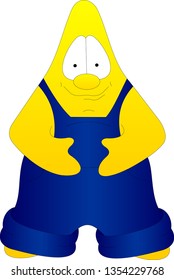 yellow starfish in blue overalls, smiling