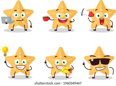Yellow starfish cartoon character with various types of business emoticons