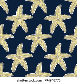 yellow starfish and deep blue background, seamless pattern, hand drawn doodle style, vector illustration