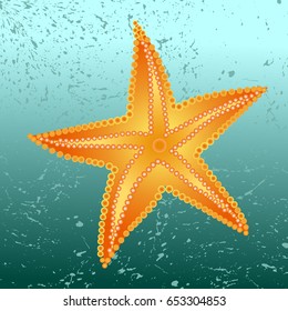 Yellow starfish on blue abstract background in vector illustration.