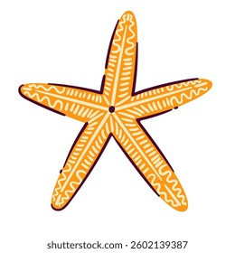 Yellow starfish sticker. Underwater and tropical beach animal with creative ornament and star shape. Summer, exotic vacation mascot, cartoon starfish vector illustration