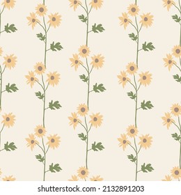 Yellow stargrass flowers seamless vector pattern. Distressed white Chamomile flowers on black background. Trendy for prints, fabric, invitation cards, wedding decoration, wallpapers, wall murals