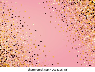 Yellow Starry Vector Pink Background. Sparkling Decoration Rain Banner. Universe Elegant Border.  Gold Luxury Space Template.