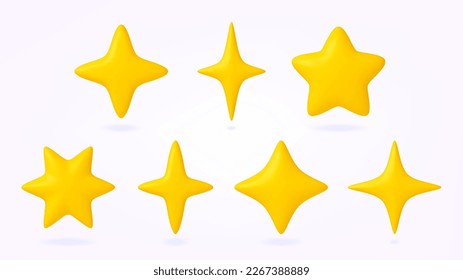 Yellow stars 3d icons, business star achiever symbol. Mobile service review feedback elements. Rendering high quality, rating, premium and win pithy vector set
