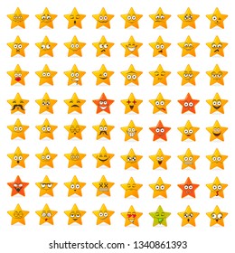 Yellow stars big set of cute happy emotions,vector illustration