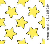 Yellow stars with black outline on white background. Vector seamless pattern. Best for textile, print, wrapping paper, package and festive decoration.