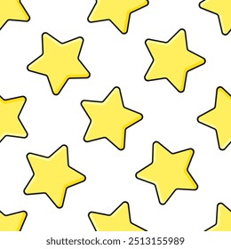 Yellow stars with black outline on white background. Vector seamless pattern. Best for textile, print, wrapping paper, package and festive decoration.