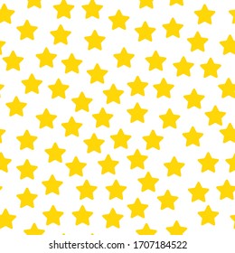 Yellow stars in a chaotic manner on a white isolated background. Children's vector and stock illustration. Apply for printing on fabric, wallpaper, print on clothes and illustrations for books.