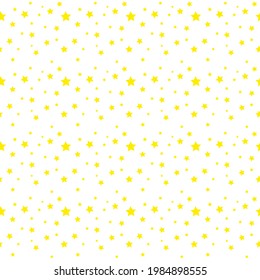 Yellow stars in a chaotic manner on a white isolated background. Children s vector and stock illustration. Apply for printing on fabric, wallpaper, print on clothes and illustrations for books.