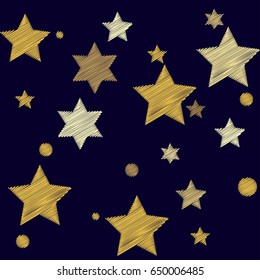 Yellow stars and circles with machine embroidery texture, stitch effect vector pattern. Night shy objects cosmic starburst design. Background illustration with star sparkles and dots on dark blue.