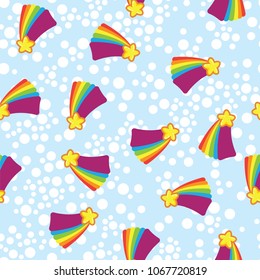 Yellow stars with color rainbow trail on blue pattern background. Stars and raibow seamless pattern