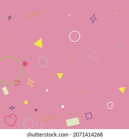 Yellow Stars Colorful Red Sweet Oval Polygonal Design Pic. Circle Simple Zigzag Purple Blue Ring Square Hipster Background. Pastel Green Wave Hearts Violet Bright Pink Geometry Illustration.