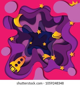 Yellow stars, comet, planet flying through the open space. 3d abstract paper cut wave background in carving art style. Colorful cosmic background for party flyer, poster, banner. Vector illustration.