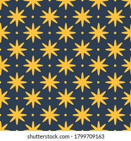 yellow stars and dots on dark blue background seamless pattern