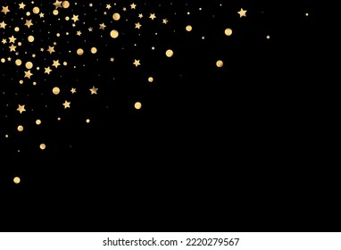 Yellow Stars Effect Vector Black Background. Abstract Round Postcard. Golden Confetti Shiny Wallpaper. Star Art Banner.