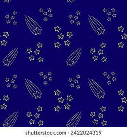 Yellow stars and falling star on dark blue background vector seamless pattern. Stary sky pattern. Wallpaper, print, fabric, textile, wrapping paper, packaging design