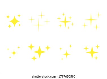 Yellow stars icons set. Golden glowing fireworks symbols collection. Bright stars twinkle vector isolated illustrations