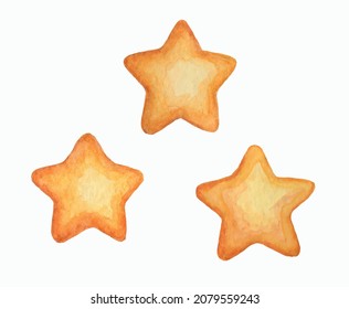 Yellow stars isolated on white background. Watercolor drawing of gingerbread cookies. Vector christmas.