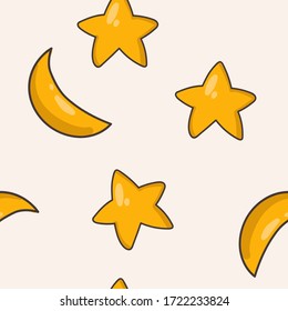 Yellow stars and the moon on an isolated background. Seamless pattern for children on a white background. Three-dimensional stars and the moon with a brown outline. Scandinavian style.Vector