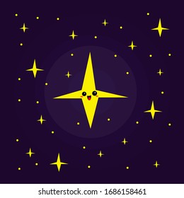 yellow stars in the night sky bright shine cute cartoon character laughing on dark purple background space concept wallpaper for design