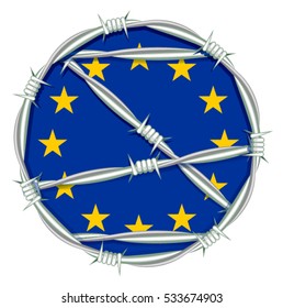 Yellow stars on blue background symbol of European Union behind barbed wire. Migration problem. Illustration in vector format