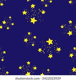 Yellow stars on dark blue background vector seamless pattern. Stary sky pattern. Wallpaper, print, fabric, textile, wrapping paper, packaging design.